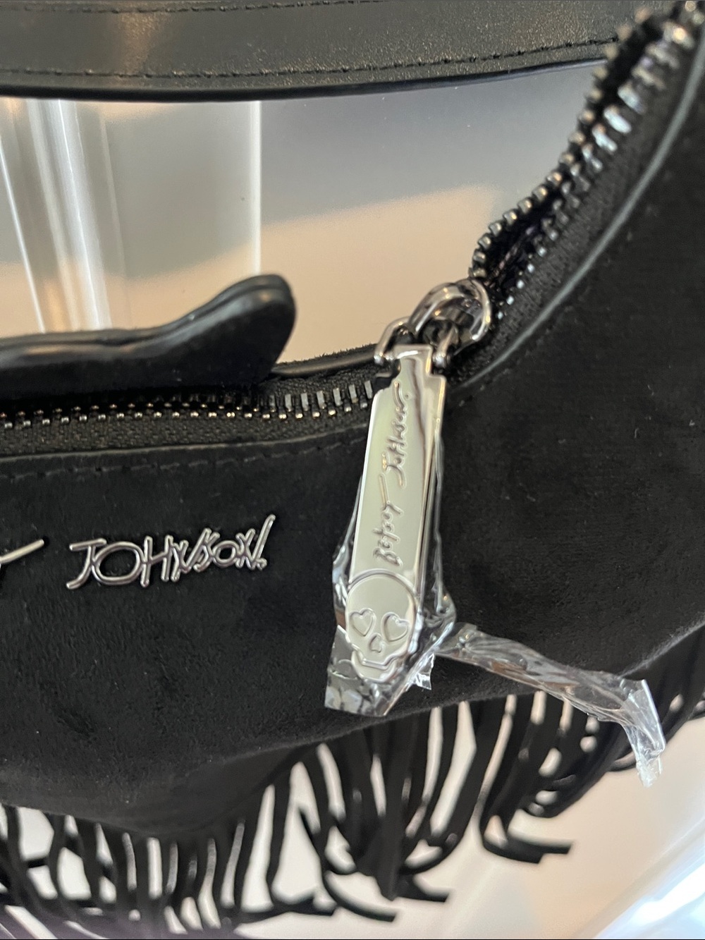 Betsy Johnson Black Bat Fringe Shoulder Bag - Picture 7 of 15